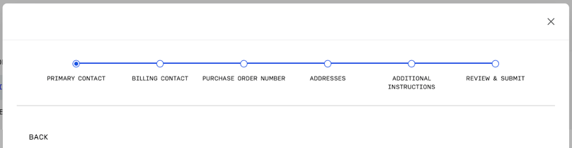 image of header. looks like a timeline with circles filling in as info is completed. below the heading is a back button in plain text on the left