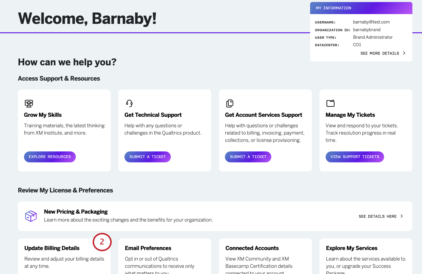 page daccueil du hub, bouton "détails de la facturation" en bas surligné