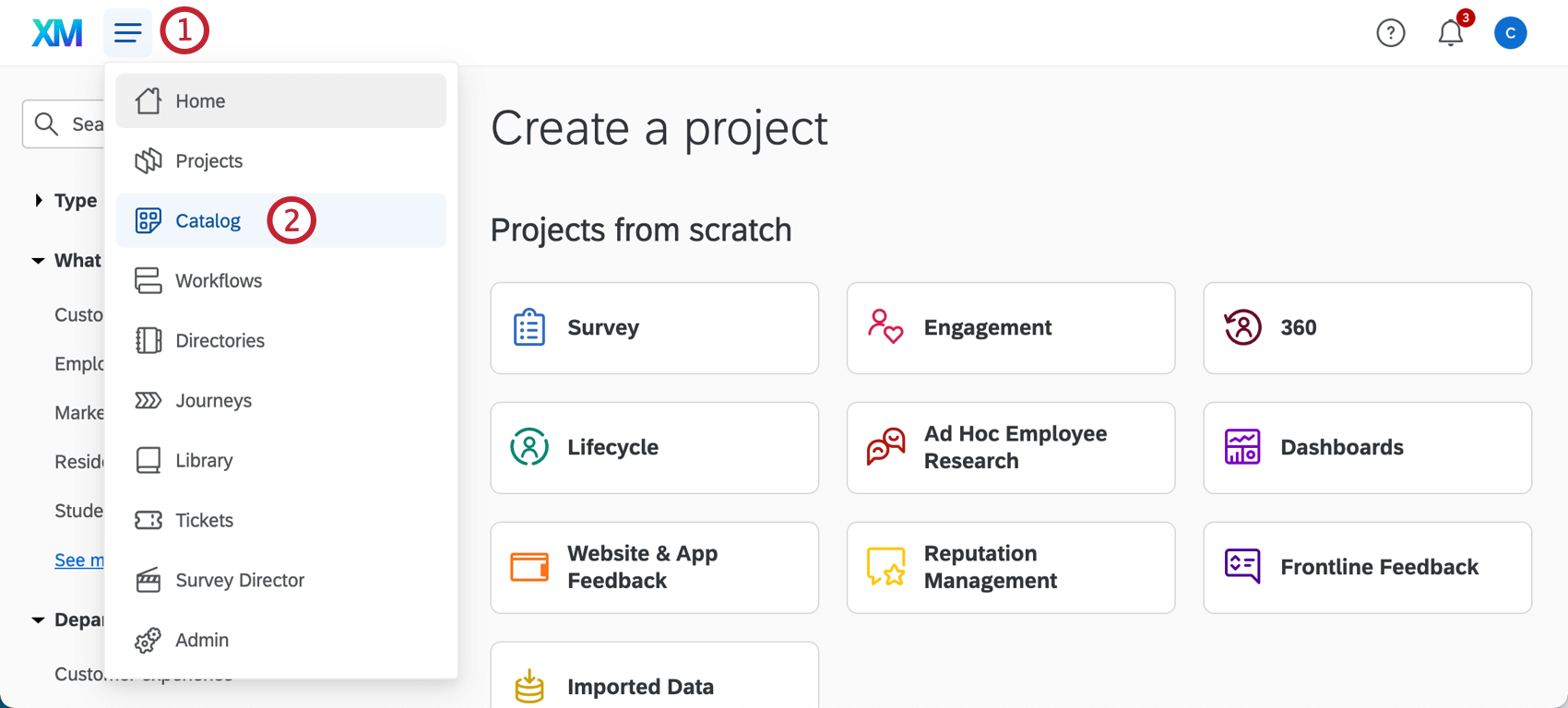 Bild eines Hamburger-Symbols für die globale Navigation, das neben dem XM-Logo erweitert wurde, um die Katalogoption anzuzeigen
