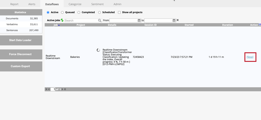 clicking stop next to a dataflow