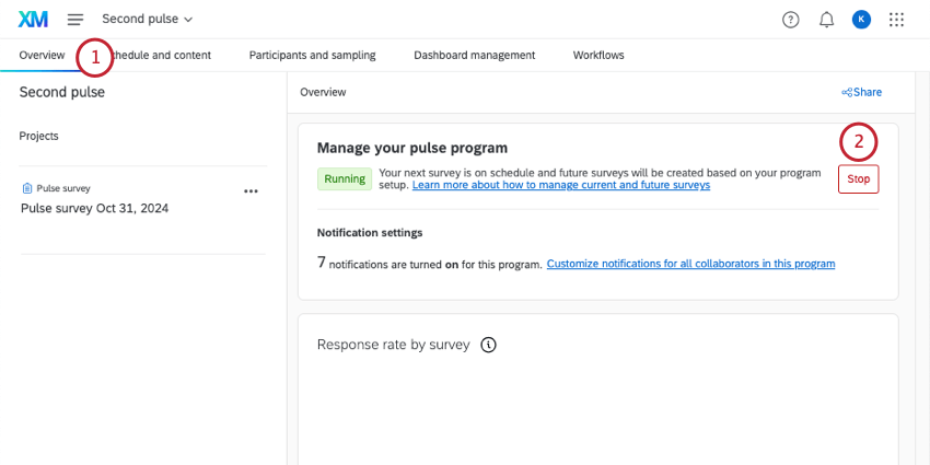 stop button on overview tab