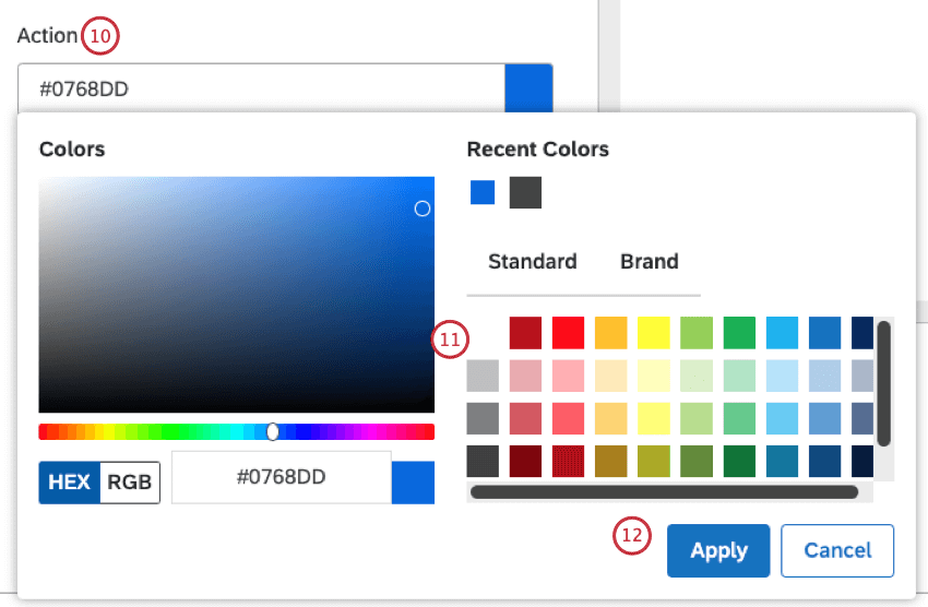 colore esadecimale selezionato per lazione