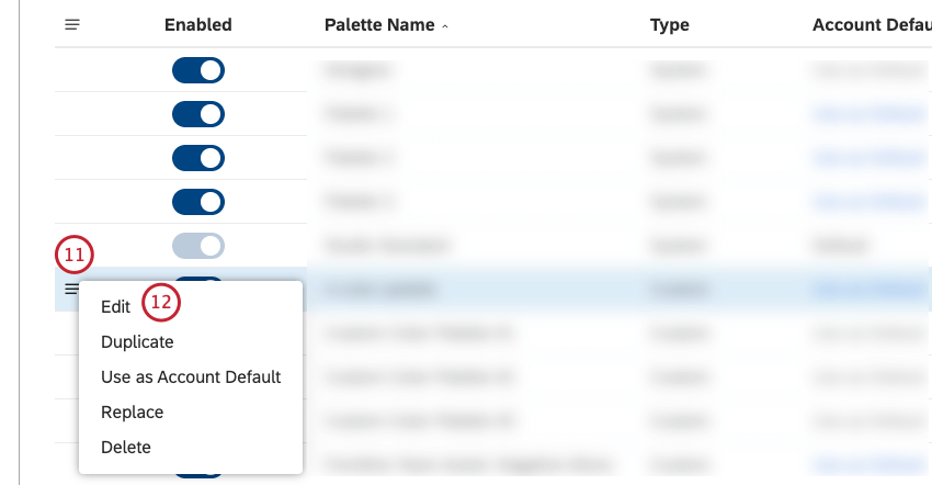 le bouton de ligne 3 ouvre un menu suivant une palette