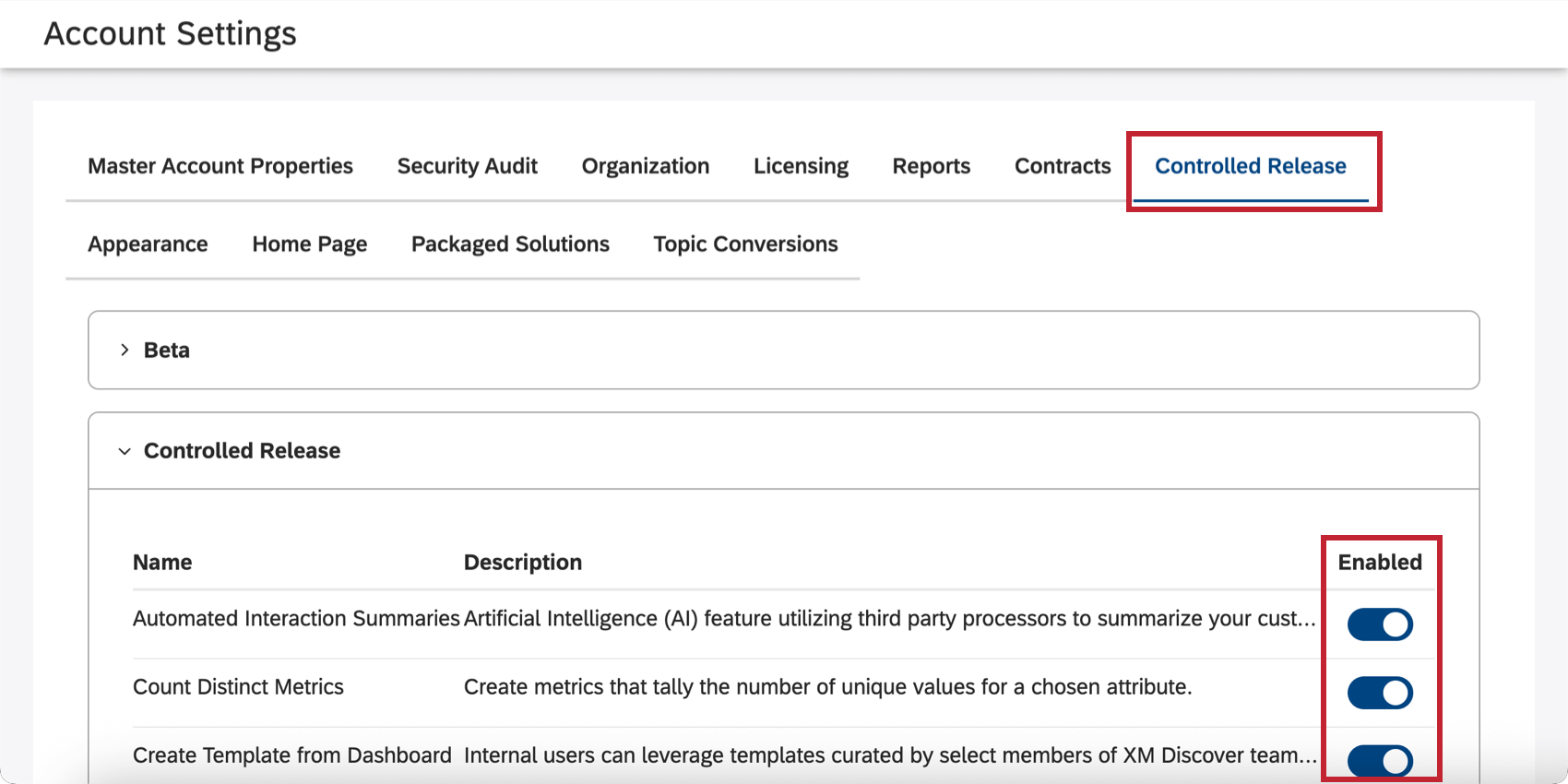 The Controlled Release section of account settings in studio