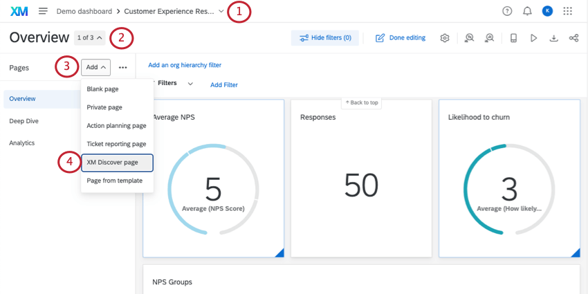 Aggiunta di una pagina XM Discover in una Pagina dashboard di Qualtrics