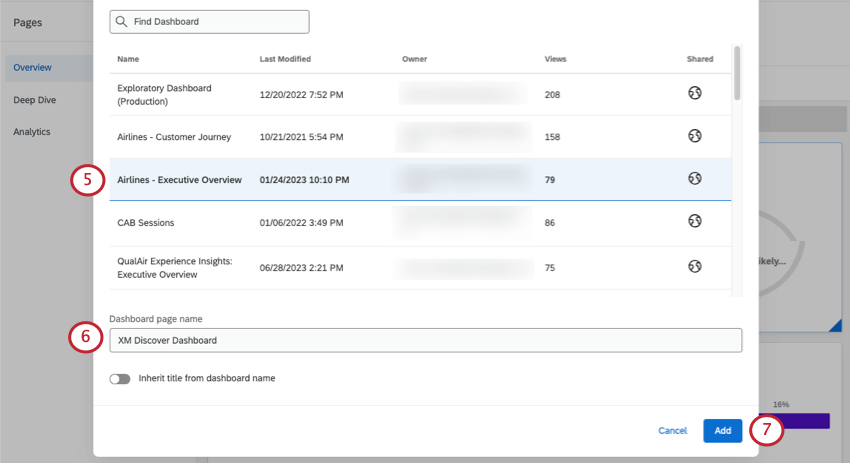 Finestra che mostra i dashboard ai quali si ha accesso