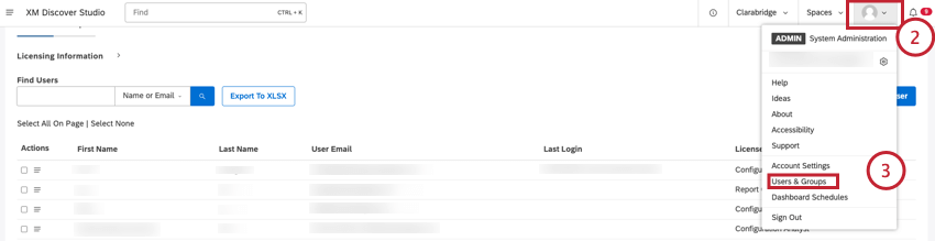 Pestaña de usuarios y grupos en el menú