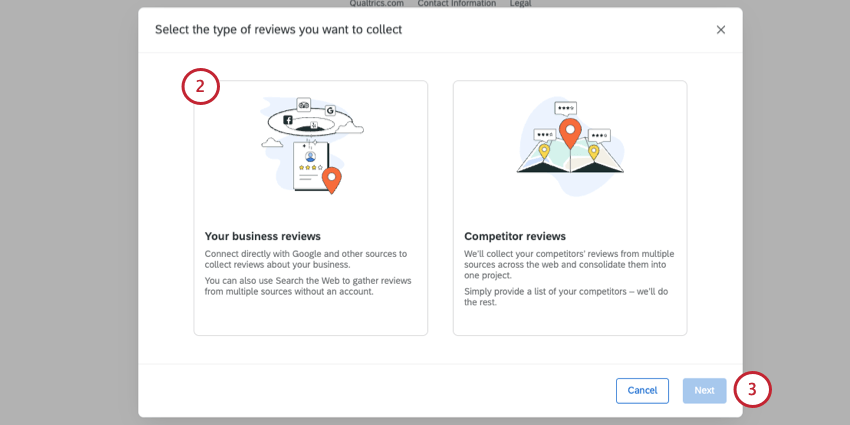 modal shows two options - your business reviews and competitor reviews. business reviews option is highlighted