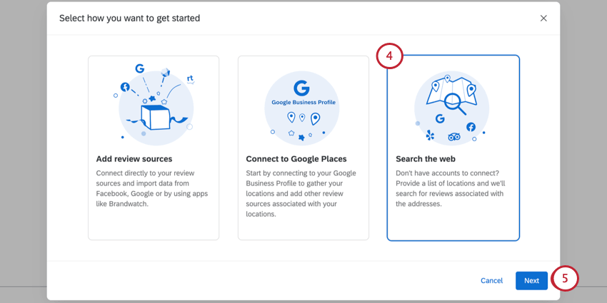 3 options in a modal, and the last one, search the web, is highlighted