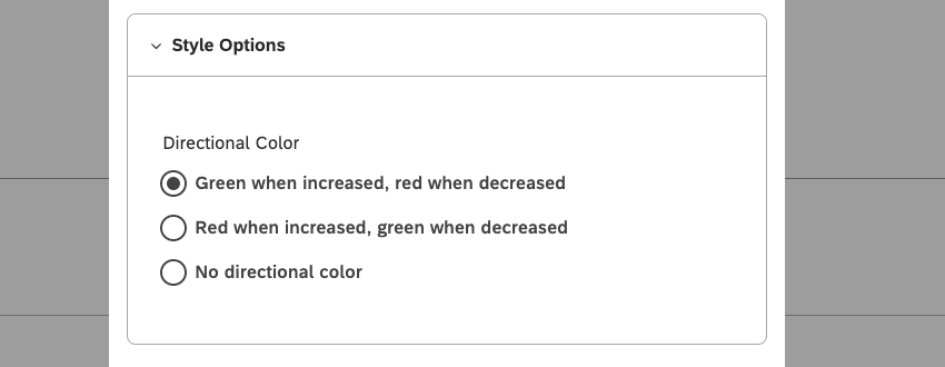 Para los atributos numéricos y el sentimiento, puede elegir entre los siguientes colores direccionales: Verde cuando aumenta, rojo cuando disminuye. Rojo cuando aumenta, verde cuando disminuye. Sin color direccional.