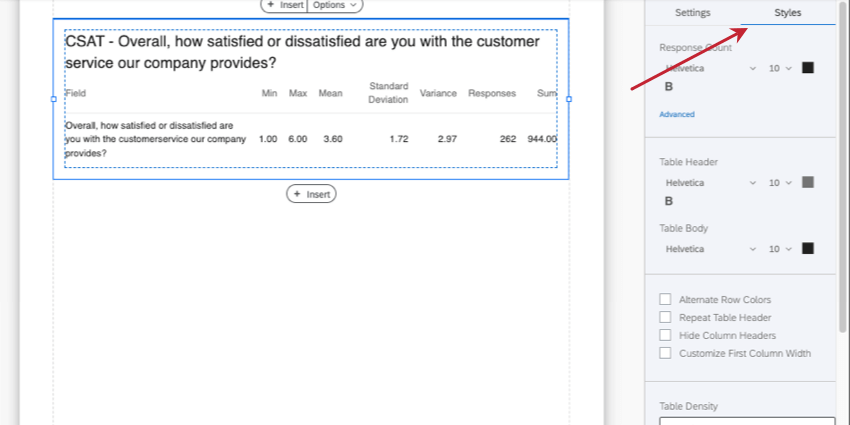 clicked table, and in the editing pane on the right, changed from settings tab to style tab