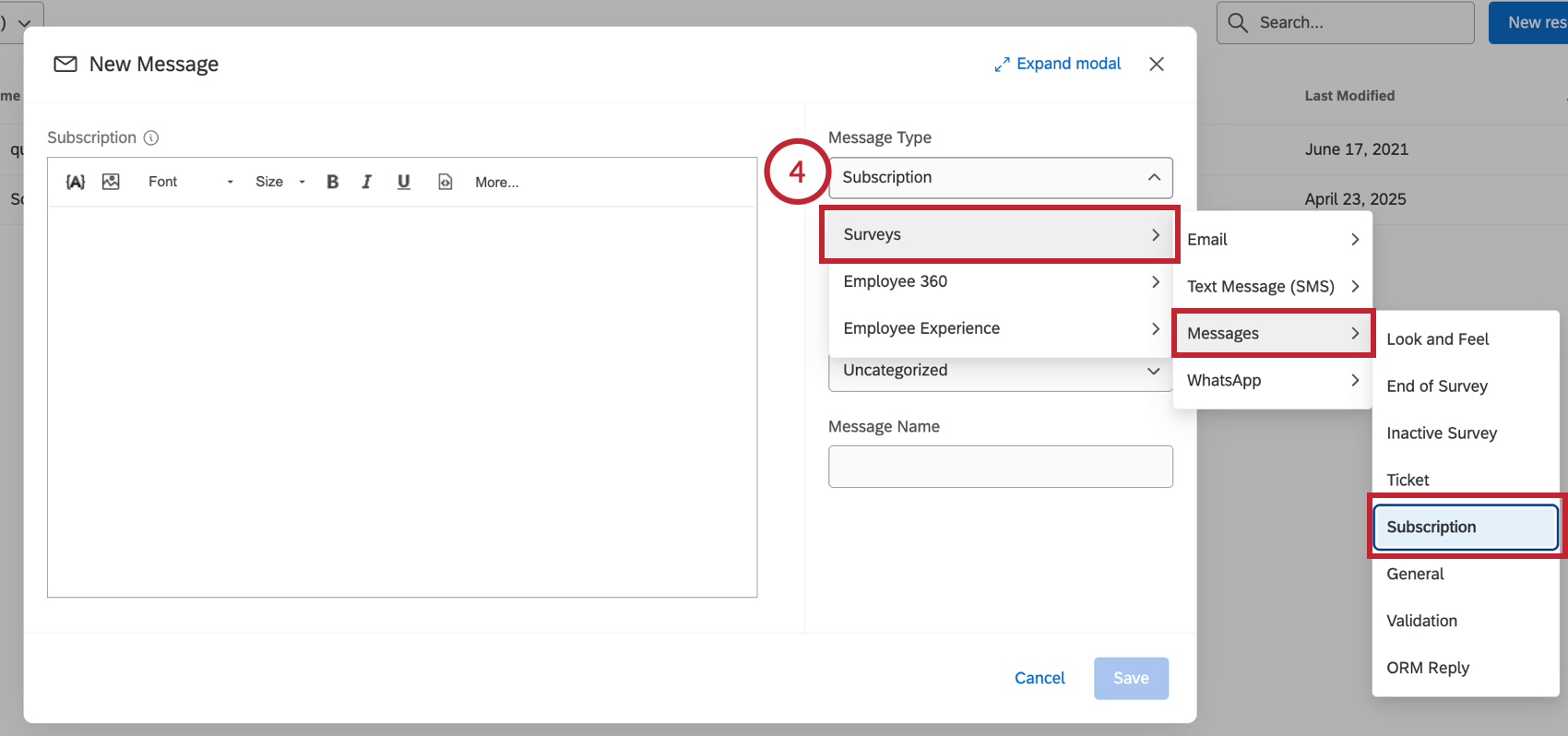 setting the message type to subscription