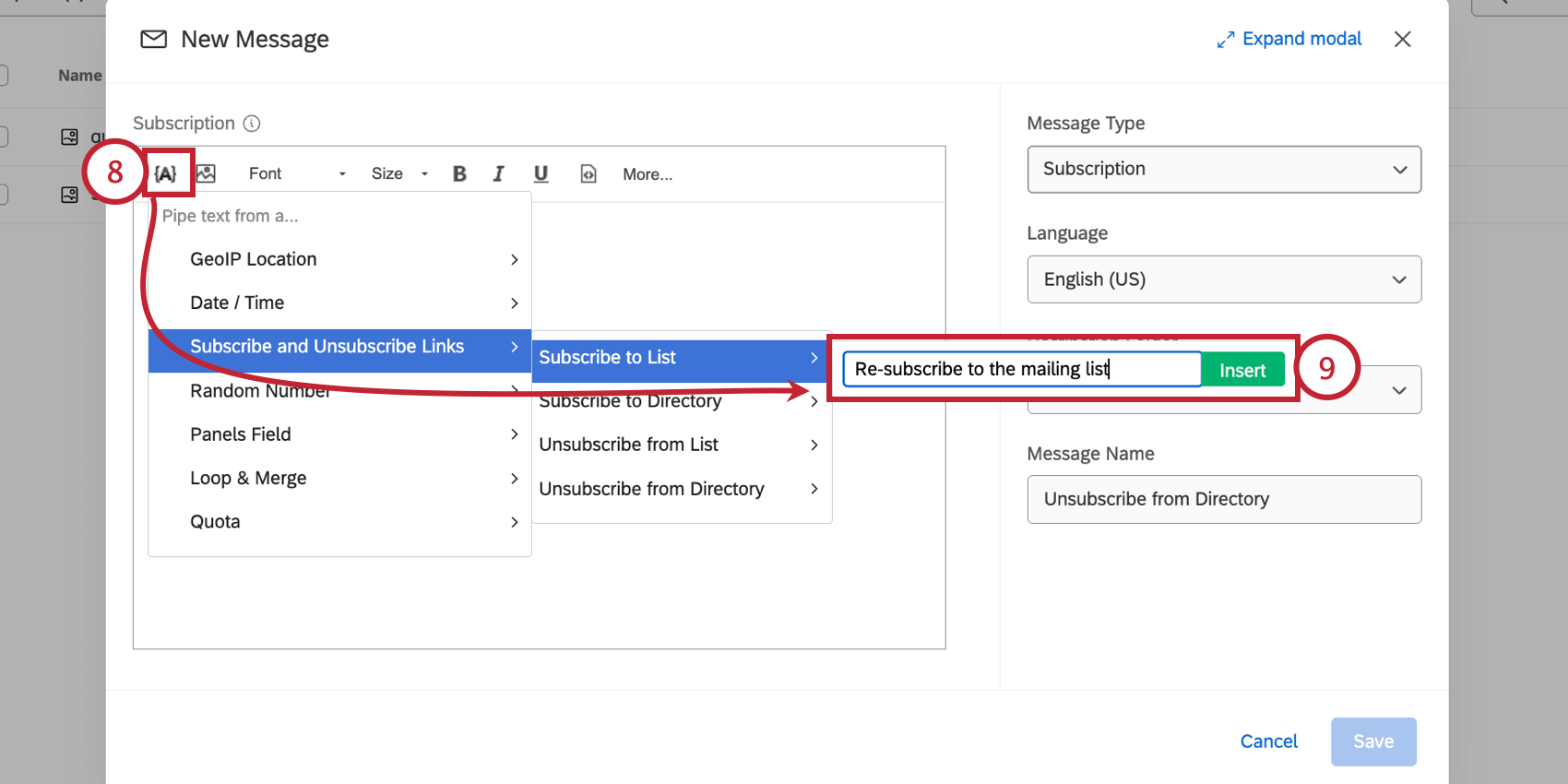 hinzufügen des Abonnement-Links in die Nachricht