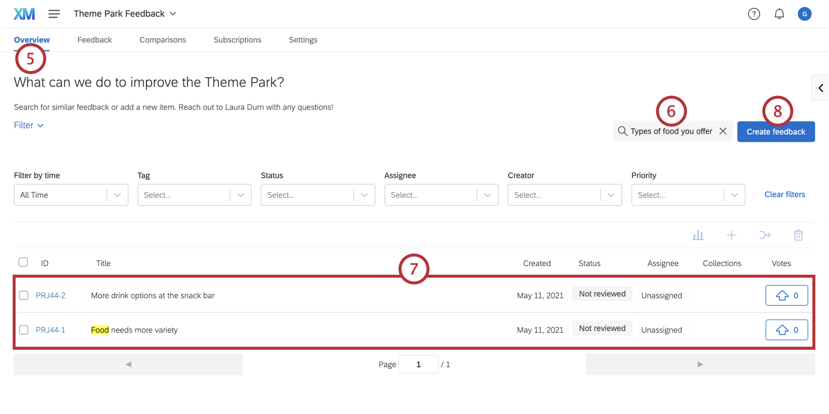 Pesquisa e envio de feedback na guia de visão geral