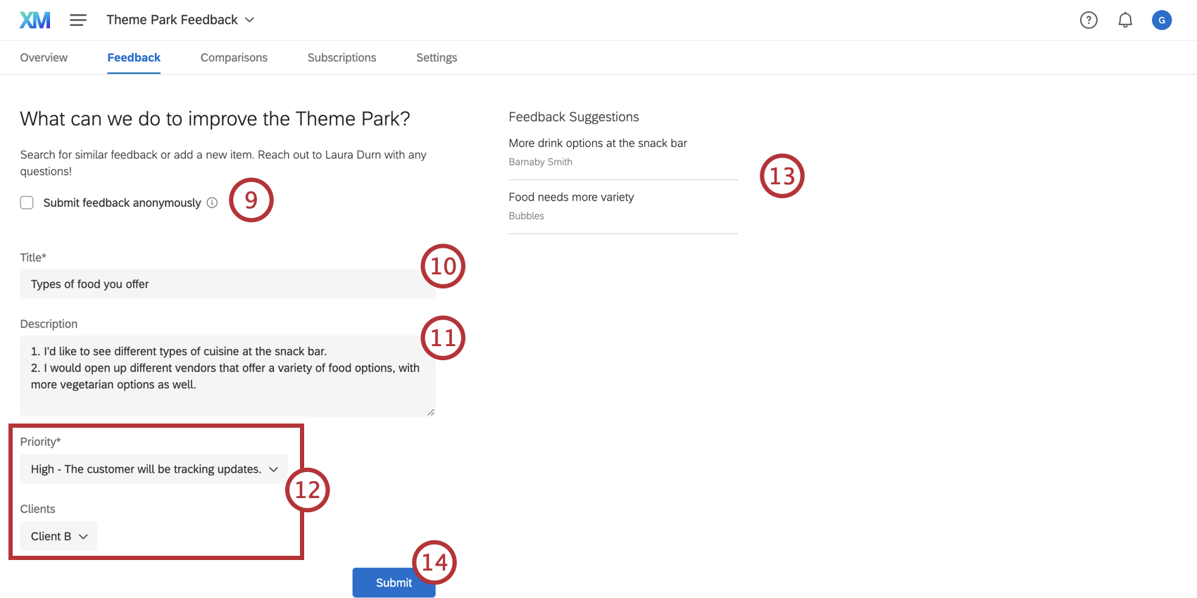 Invio di feedback con un modulo di feedback; ciascun campo è indicato