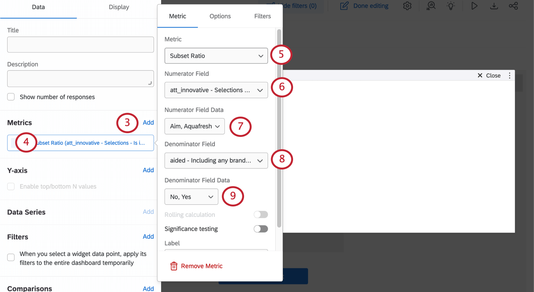 Das Verhältnis Teilmenge wird im Dropdown-Menü Metrik ausgewählt, wenn ein Widget konfiguriert wird.
