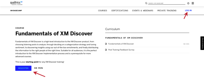 register button on a lesson and login button upper-right right of every page