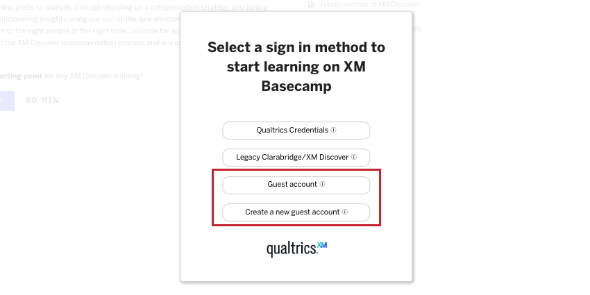 window where you select login method for basecamp includes guest options