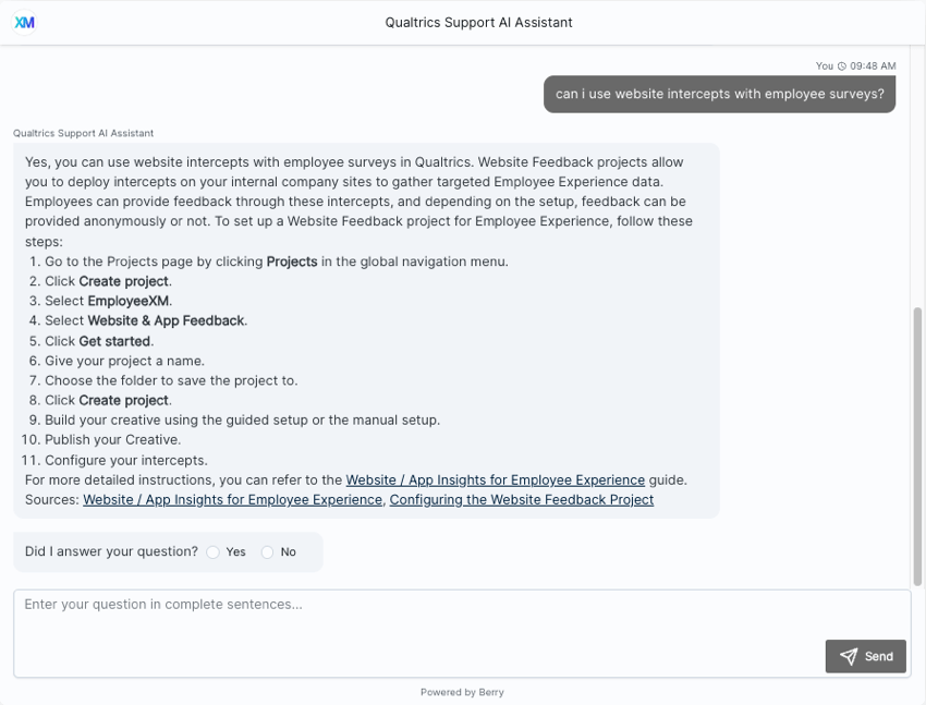 image of the chatbot in the hub explaining to a customer how to use website insights with employee experience
