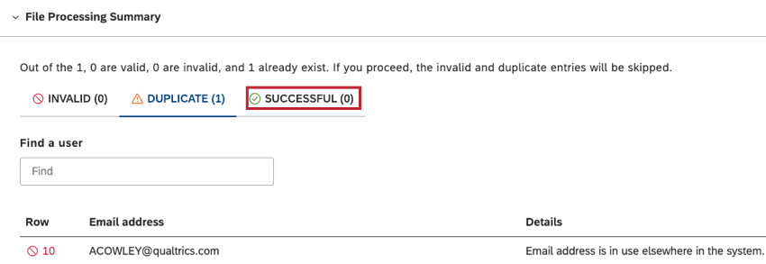 The number of successful entries will be listed in the SUCCESSFUL tab.