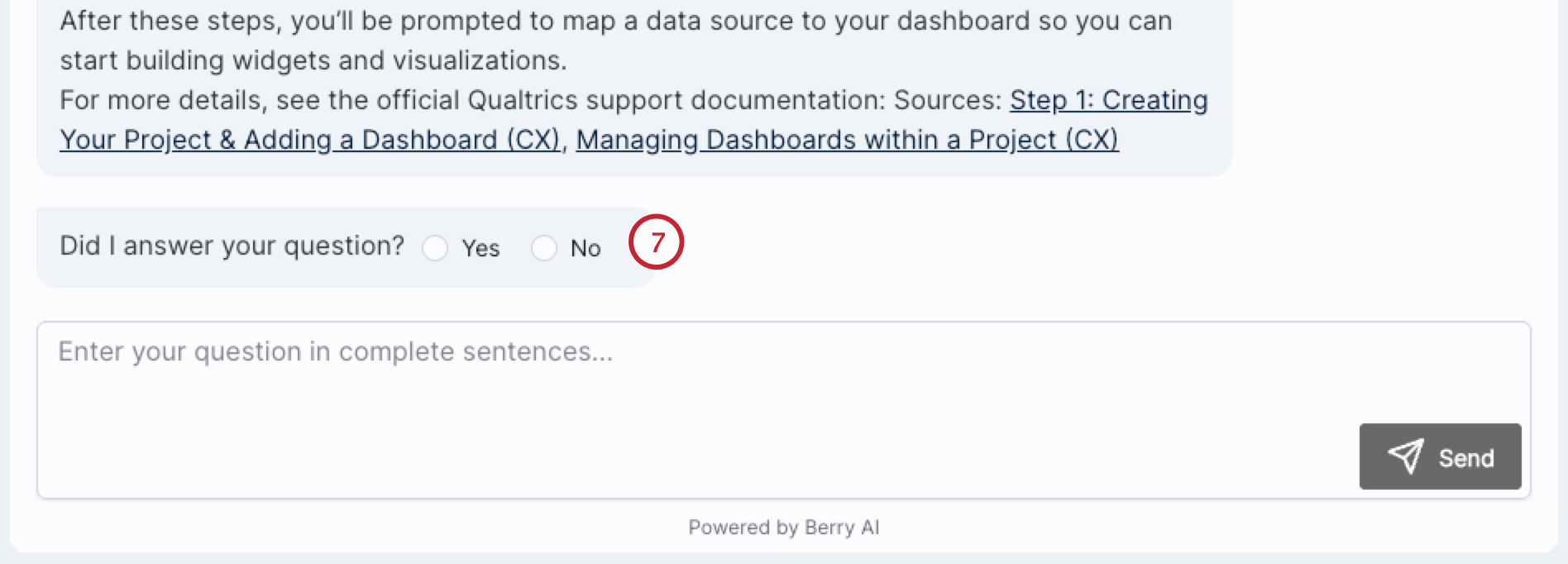 button to confirm whether the chatbot response answered your question