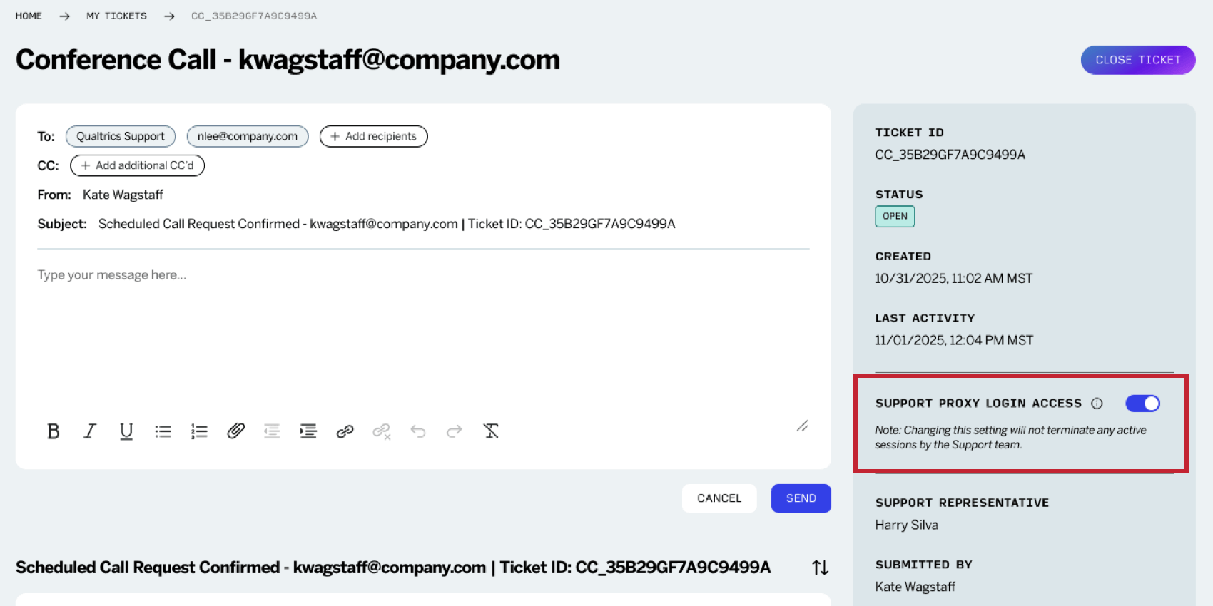 the proxy login setting on a support ticket