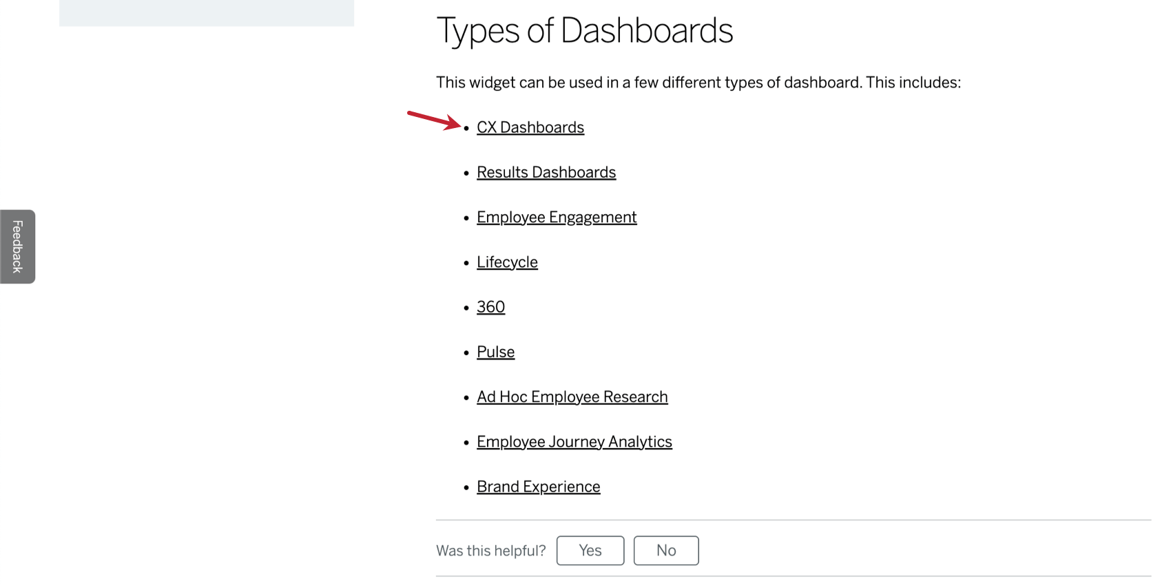 immagine di una pagina di supporto con una sezione denominata tipi di dashboard. questa sezione mostra una lista di dashboard supportati, tra cui Dashboard CX