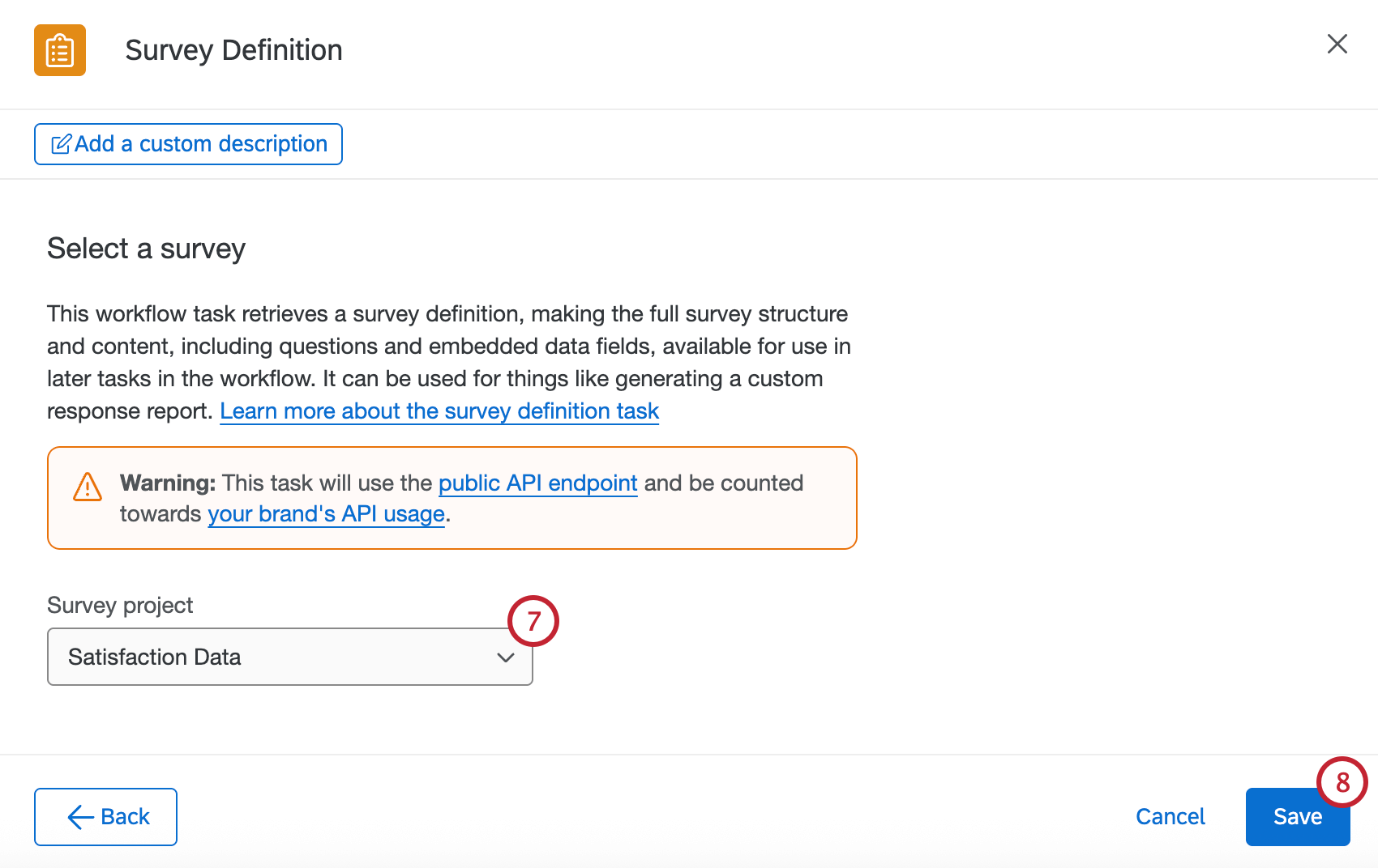 Botón para seleccionar una encuesta para configurar la tarea