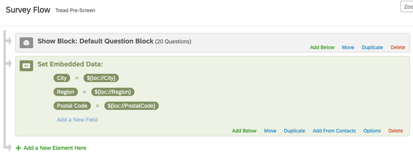 Survey flow open, green embedded data element at the end
