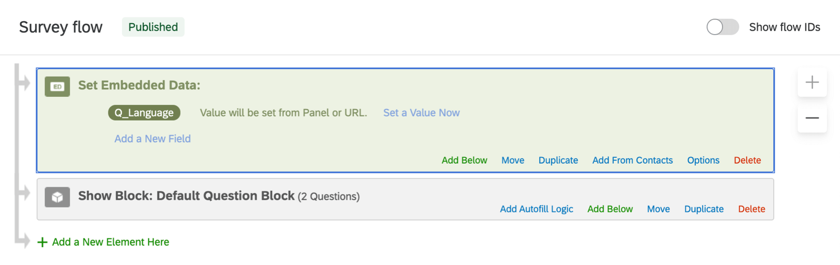 An Embedded Data element in the Survey Flow named Q_Language with no value