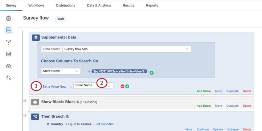à gauche, le bouton "set a value now", et à droite, un menu permettant de sélectionner le champ que vous souhaitez utiliser