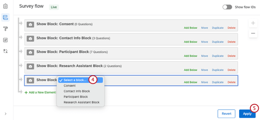 using the dropdown menu to select a block when adding a block to the survey flow