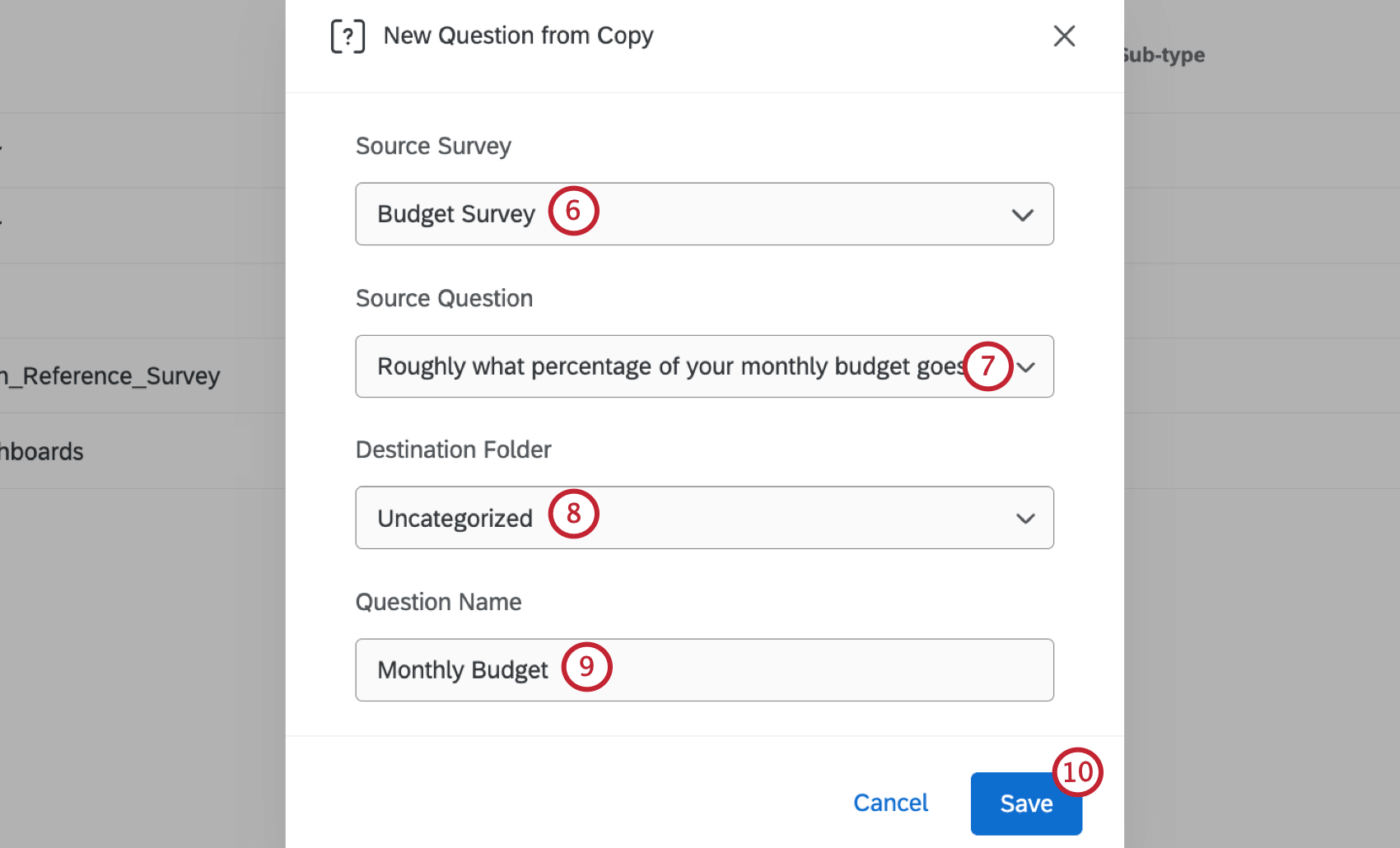 selecting existing survey content to copy to library