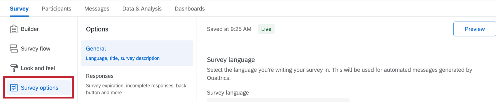 Survey Options button in the Survey tab