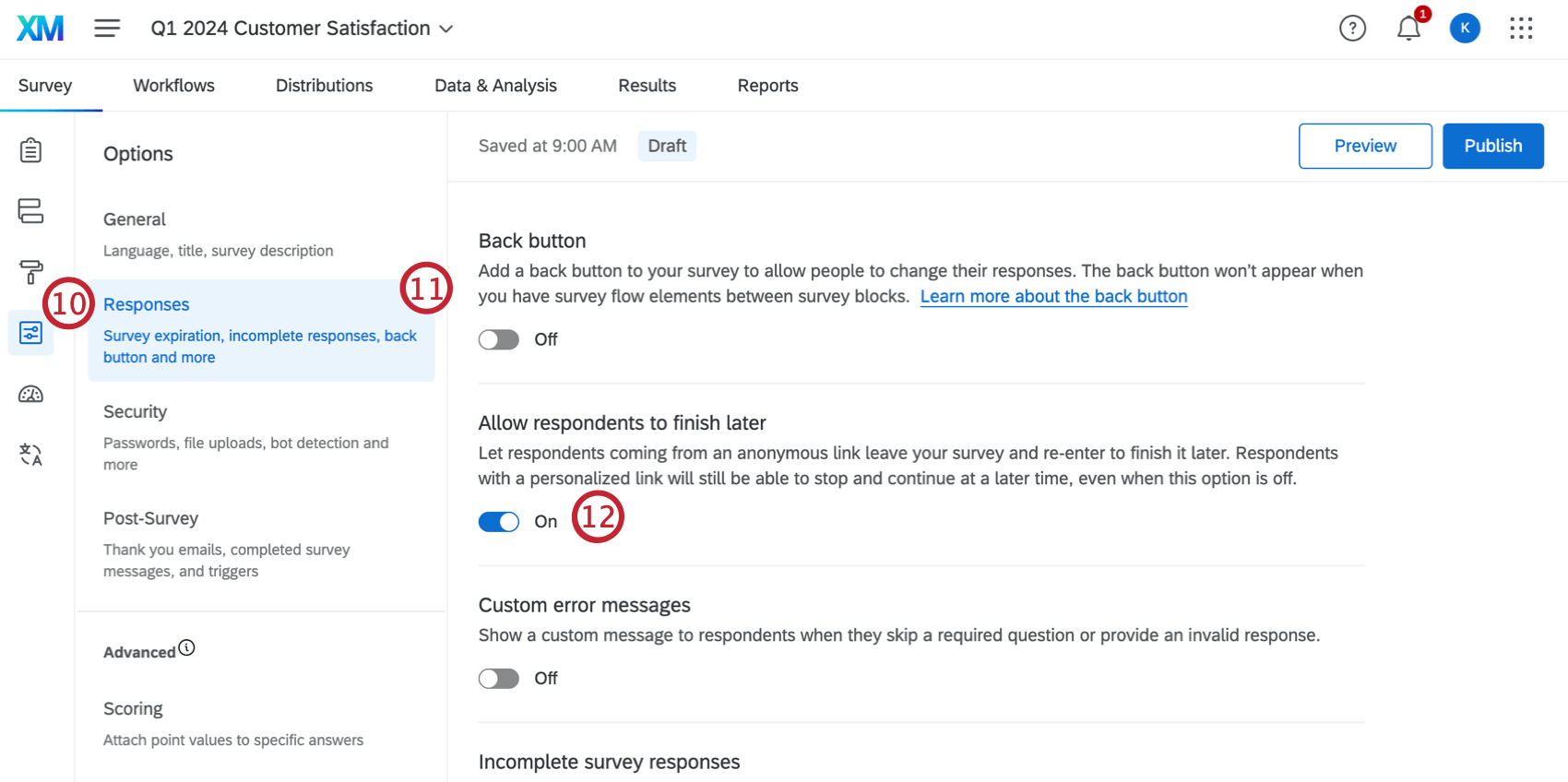 Survey options, responses section with the allow respondents to finish later setting turned on and highlighted