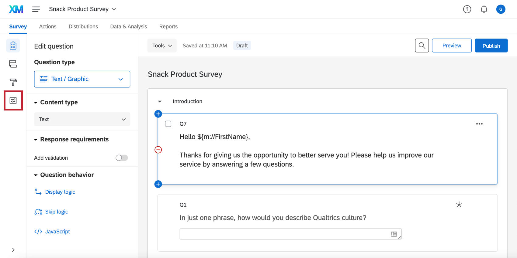Survey options in the survey editor