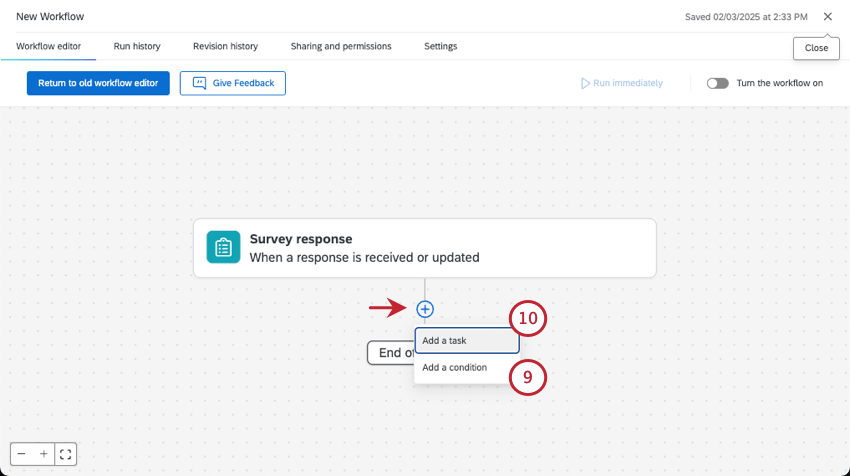 the survey response event is laid over a gray editor where you can click a plus sign to add more to it
