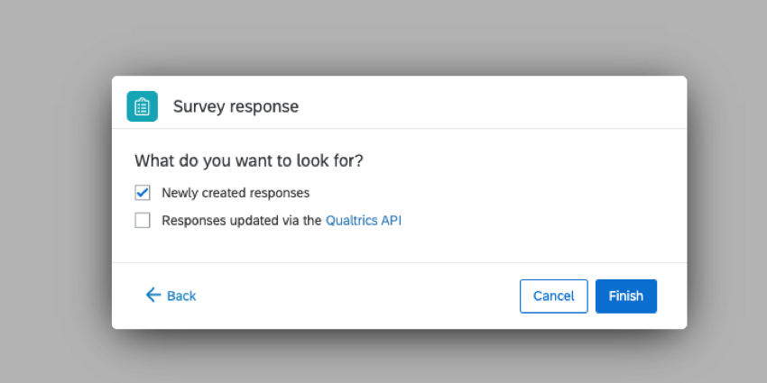 in a survey response event, choosing to trigger based on new responses or updates ones