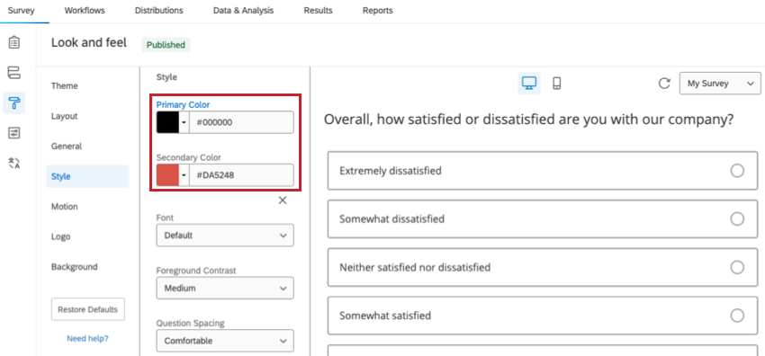見た目と操作性のスタイルセクションにあるプライマリーカラーとセカンダリーカラーのオプション。
