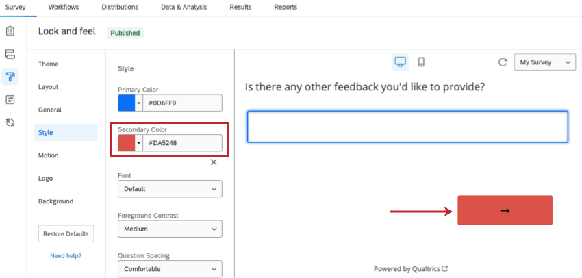 Auf dem Design-Reiter verfügbare Option für die sekundäre Farbe. Diese Option wirkt sich auf die Weiter-Schaltfläche aus.