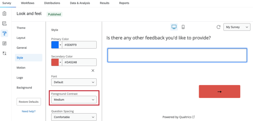 the foreground contrast option in the style section of look and feel