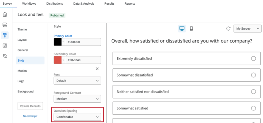 the question spacing option in the style section of look and feel