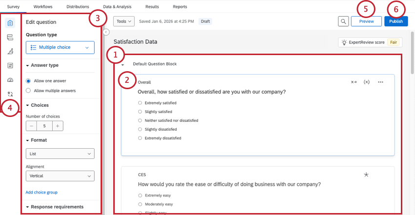 numbered image showing how to navigate survey builder
