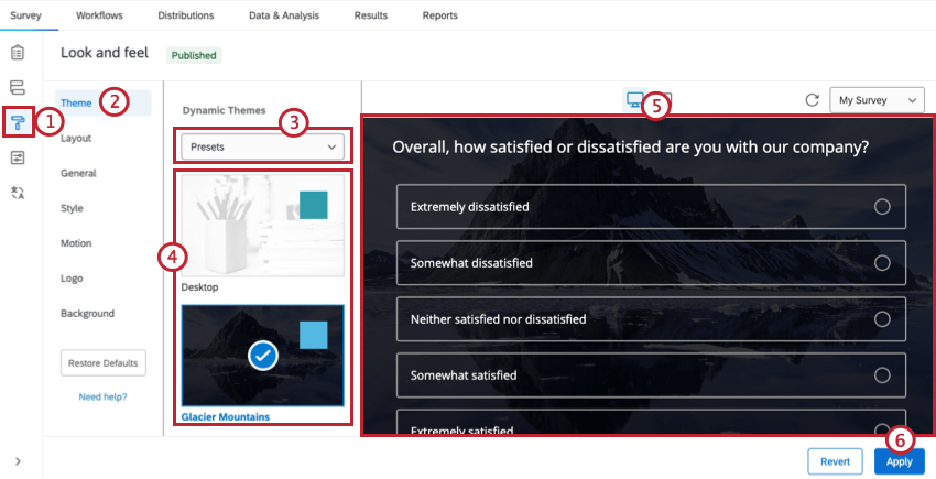 adding a survey theme by opening look & feel, selecting theme, choosing the library, and then choosing a theme.