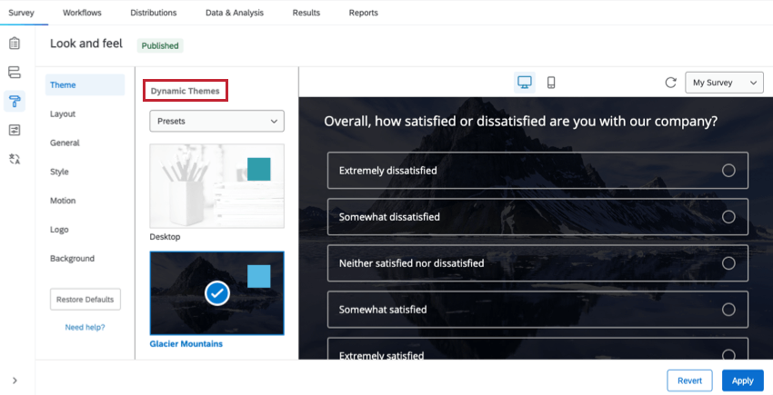 the dynamic themes section of the themes tab