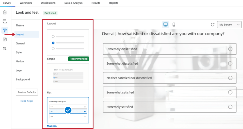 la scheda layout di Aspetto e tema