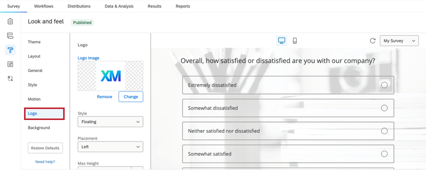 la scheda del logo di Aspetto e tema