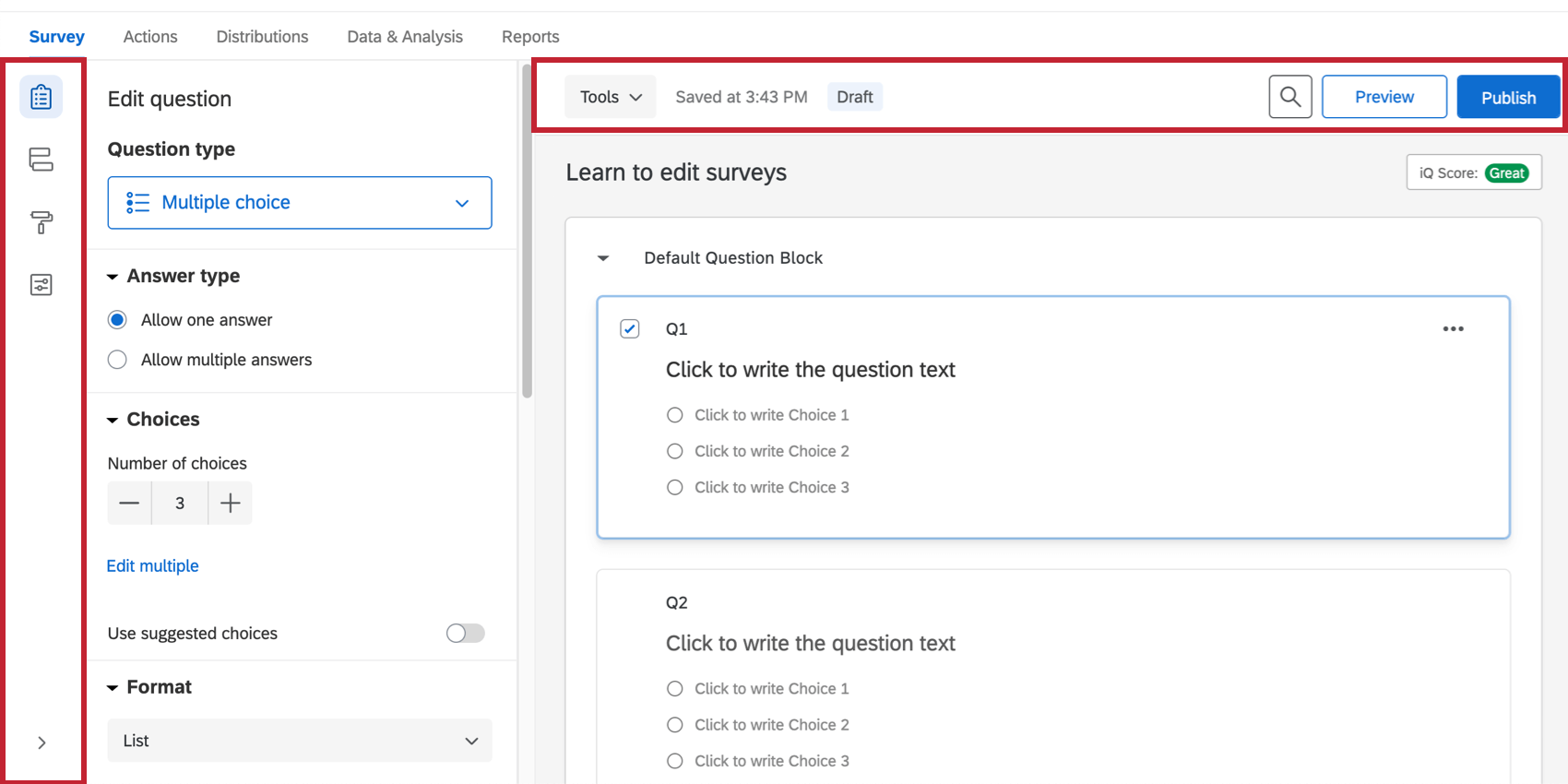 La barra de herramientas de la izquierda tiene iconos para el editor, el flujo de la encuesta, el diseño y los fondos, y las opciones de la encuesta. La barra de herramientas en la parte superior tiene un menú desplegable Herramientas, un cuadro de búsqueda, un botón de vista previa y un botón de publicación