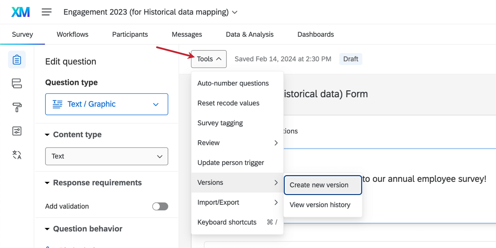 the survey tools menu