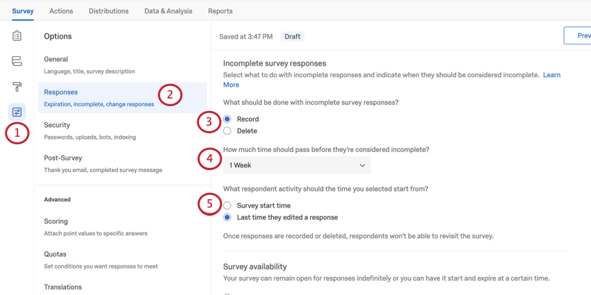 Les réponses incomplètes à lenquête ne sont pas seulement une option à activer ou non, mais se composent en fait de plusieurs options à configurer, tel que cela vous est expliqué ci-dessous